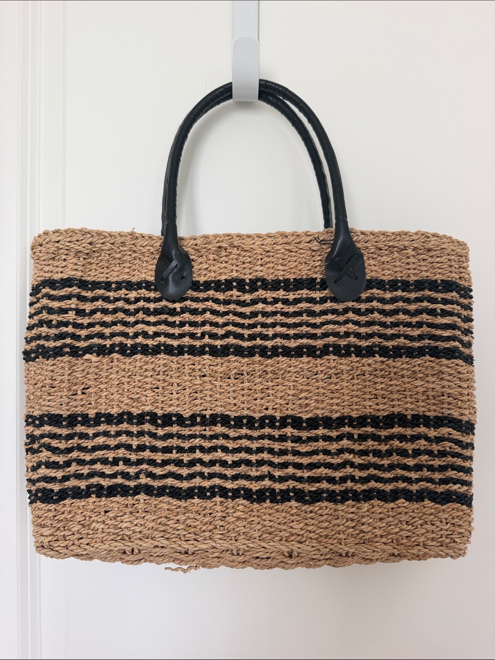 Woven Straw Tote Bag with Black Stripes - Picture 3 of 4